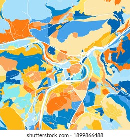 Mapa de arte en color de BadIschl, Alta Austria, en azul y naranjas. Las gradaciones de color en BadIschl   el mapa sigue un patrón aleatorio.