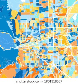 Color art map of  Boulder, Colorado, UnitedStates in blues and oranges. The color gradations in Boulder   map follow a random pattern.
