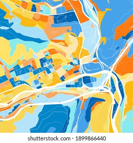 Color art map of  BruckanderMur, Styria, Austria iin blues and oranges. The color gradations in BruckanderMur   map follow a random pattern.