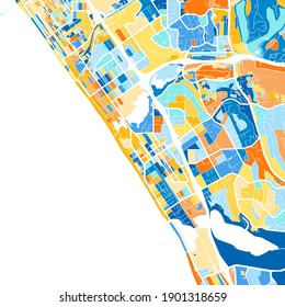 Color Art Map Of  Carlsbad, California, UnitedStates In Blues And Oranges. The Color Gradations In Carlsbad   Map Follow A Random Pattern.