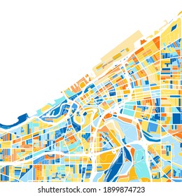 Color art map of  Cleveland, Ohio, UnitedStates in blues and oranges. The color gradations in Cleveland   map follow a random pattern.