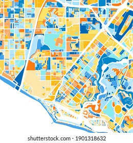 Color art map of  CostaMesa, California, UnitedStates in blues and oranges. The color gradations in CostaMesa   map follow a random pattern.