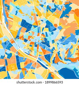 Color art map of  Dornbirn, Vorarlberg, Austria iin blues and oranges. The color gradations in Dornbirn   map follow a random pattern.