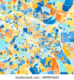 Color art map of  Durham, North Carolina, UnitedStates in blues and oranges. The color gradations in Durham   map follow a random pattern.
