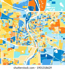 Mapa de arte de color de Elgin, Illinois, Estados Unidos en azul y naranjas. Las gradaciones de color en Elgin   el mapa sigue un patrón aleatorio.