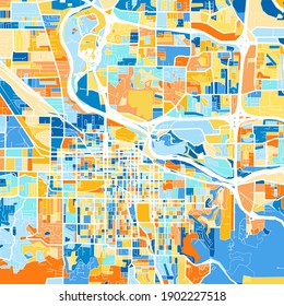 Color art map of  Eugene, Oregon, UnitedStates in blues and oranges. The color gradations in Eugene   map follow a random pattern.