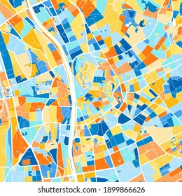 Color art map of  Graz, Styria, Austria iin blues and oranges. The color gradations in Graz   map follow a random pattern.