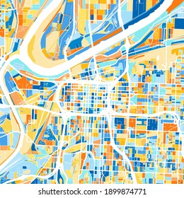 Color art map of  KansasCity, Missouri, UnitedStates in blues and oranges. The color gradations in KansasCity   map follow a random pattern.