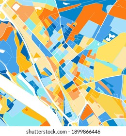 Color art map of  Korneuburg, Lower Austria, Austria iin blues and oranges. The color gradations in Korneuburg   map follow a random pattern.