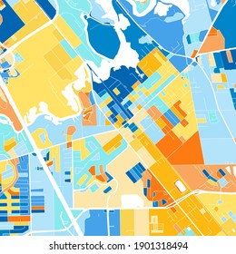 Color art map of  LeagueCity, Texas, UnitedStates in blues and oranges. The color gradations in LeagueCity   map follow a random pattern.