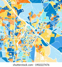 Color art map of  Macon, Georgia, UnitedStates in blues and oranges. The color gradations in Macon   map follow a random pattern.