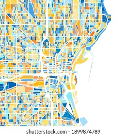Color art map of  Milwaukee, Wisconsin, UnitedStates in blues and oranges. The color gradations in Milwaukee   map follow a random pattern.