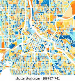 Color art map of  Minneapolis, Minnesota, UnitedStates in blues and oranges. The color gradations in Minneapolis   map follow a random pattern.