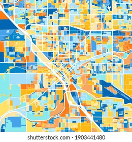 Color art map of  Modesto, California, UnitedStates in blues and oranges. The color gradations in Modesto   map follow a random pattern.