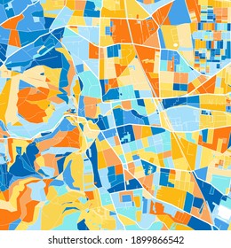Color art map of  Modling, Lower Austria, Austria iin blues and oranges. The color gradations in Modling   map follow a random pattern.