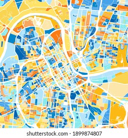 Color art map of  Nashville, Tennessee, UnitedStates in blues and oranges. The color gradations in Nashville   map follow a random pattern.