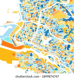 Color art map of  Oakland, California, UnitedStates in blues and oranges. The color gradations in Oakland   map follow a random pattern.