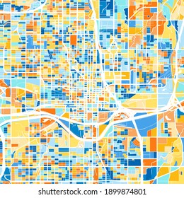 Color art map of  OklahomaCity, Oklahoma, UnitedStates in blues and oranges. The color gradations in OklahomaCity   map follow a random pattern.