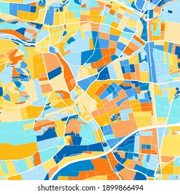 Color art map of  Perchtoldsdorf, Lower Austria, Austria iin blues and oranges. The color gradations in Perchtoldsdorf   map follow a random pattern.