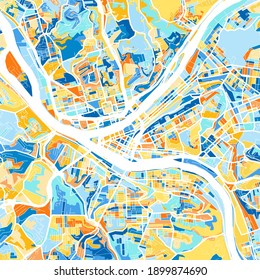 Color art map of  Pittsburgh, Pennsylvania, UnitedStates in blues and oranges. The color gradations in Pittsburgh   map follow a random pattern.