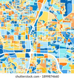 Color art map of  Plano, Texas, UnitedStates in blues and oranges. The color gradations in Plano   map follow a random pattern.