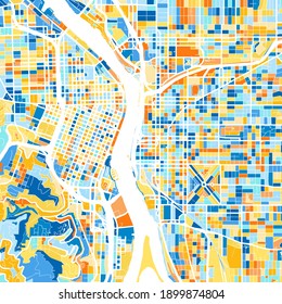 Color art map of  Portland, Oregon, UnitedStates in blues and oranges. The color gradations in Portland   map follow a random pattern.