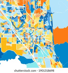 Color art map of  Provo, Utah, UnitedStates in blues and oranges. The color gradations in Provo   map follow a random pattern.