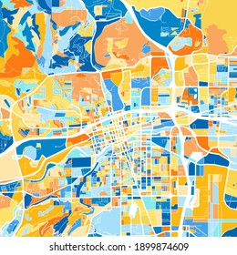 Mapa de arte en color de Reno, Nevada, Estados Unidos en azul y naranjas. Las gradaciones de colores de Reno   el mapa sigue un patrón aleatorio.