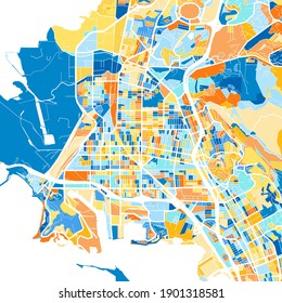 Color art map of  Richmond, California, UnitedStates in blues and oranges. The color gradations in Richmond   map follow a random pattern.