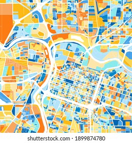 Color art map of  Sacramento, California, UnitedStates in blues and oranges. The color gradations in Sacramento   map follow a random pattern.