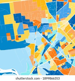 Color art map of  Shkoder, Albania iin blues and oranges. The color gradations in Shkoder   map follow a random pattern.