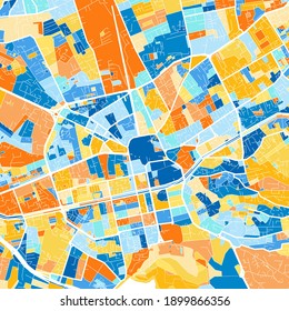 Color art map of  Tirana, Albania iin blues and oranges. The color gradations in Tirana   map follow a random pattern.