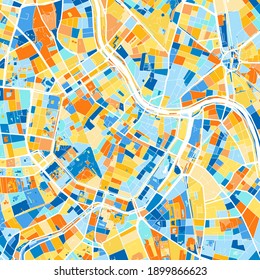 Color art map of  Vienna, Vienna, Austria iin blues and oranges. The color gradations in Vienna   map follow a random pattern.