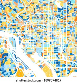 Color art map of  Washington, D.C., UnitedStates in blues and oranges. The color gradations in Washington   map follow a random pattern.