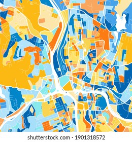 Color art map of  Waterbury, Connecticut, UnitedStates in blues and oranges. The color gradations in Waterbury   map follow a random pattern.