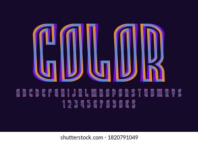 Color artistic display font. Contour orange blue purple letters, numbers and currency signs. Isolated vector english alphabet.