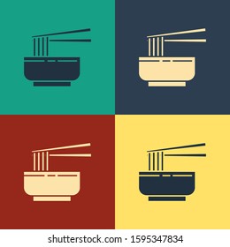 Color Asian noodles in bowl and chopsticks icon isolated on color background. Street fast food. Korean, Japanese, Chinese food. Vintage style drawing. Vector Illustration