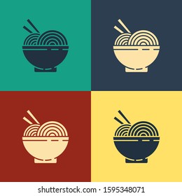 Color Asian noodles in bowl and chopsticks icon isolated on color background. Street fast food. Korean, Japanese, Chinese food. Vintage style drawing. Vector Illustration