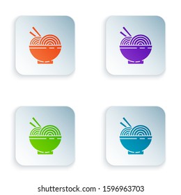 Color Asian noodles in bowl and chopsticks icon isolated on white background. Street fast food. Korean, Japanese, Chinese food. Set icons in square buttons. Vector Illustration