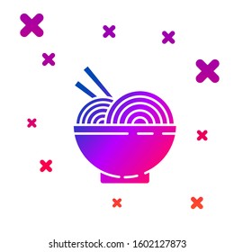 Color Asian noodles in bowl and chopsticks icon isolated on white background. Street fast food. Korean, Japanese, Chinese food. Gradient random dynamic shapes. Vector Illustration