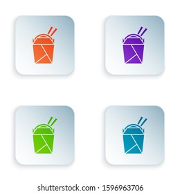 Color Asian noodles in paper box and chopsticks icon isolated on white background. Street fast food. Korean, Japanese, Chinese food. Set icons in square buttons. Vector Illustration