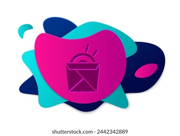 Color Asian noodles in paper box and chopsticks icon isolated on white background. Street fast food. Korean, Japanese, Chinese food. Abstract banner with liquid shapes. Vector Illustration