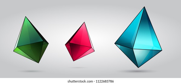 Color assorted crystal set. Jewels treasure diamonds. Vector illustration. Cool design concept image for game, web design. Realistic light and shadow vizualisation. Glare on the glass surface object.