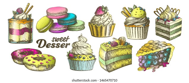 Color Assortment Baked Sweet Dessert Set Vintage Vector. Chocolate And Fruit Cakes, Macaroons And Donuts, Berries Pie And Creamy Caseous Dessert Concept. Designed Template Illustrations