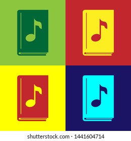 Color Audio book icon isolated on color background. Musical note with book. Audio guide sign. Online learning concept.  Vector Illustration