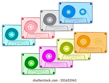 Color audio cassettes in are constructed in a row