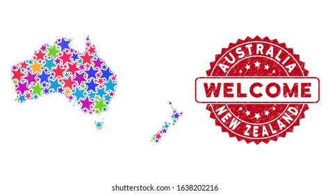 Color Australia and New Zealand map mosaic of stars, and grunge rounded red WELCOME stamp. Abstract territory scheme in colorful color tones.