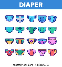 Color Baby Absorbent Diapers Vector Linear Icons Set. Newborn Diaper, Disposable Nappies Outline Symbols Pack. Childcare, Infant Necessities. Children Hygiene Product Isolated Contour Illustrations