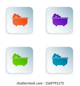 Color Baby bathtub with foam bubbles inside icon isolated on white background. Set icons in square buttons. Vector Illustration