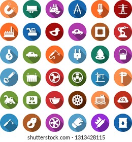 Color back flat icon set - harvester vector, trowel, glove, saw, fan, flask, battery, hydro power plant, line pillar, plug, factory, eco, gear, conveyor, bird, water drop, bulb, nuclear, tower crane